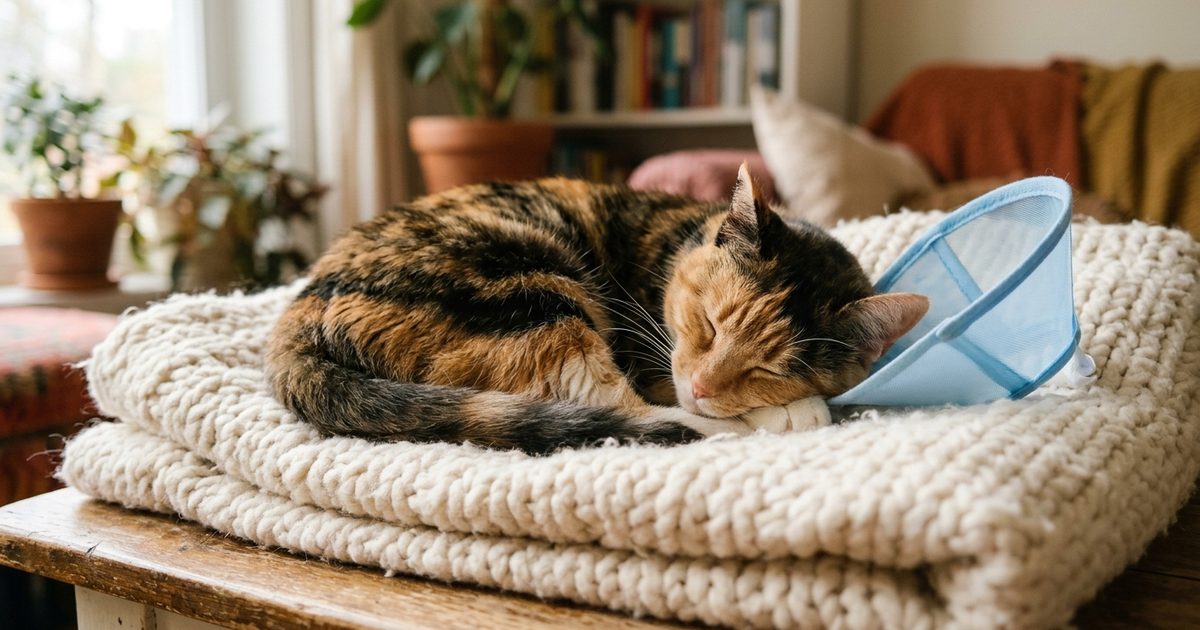 A calm calico cat with distinct patches of orange, black, and white fur resting peacefully on a soft blanket during gentle recovery