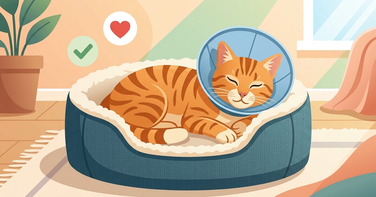 A simple flat vector illustration of a ginger orange tabby cat with classic mackerel stripes resting peacefully in a cozy bed wearing a soft recovery cone