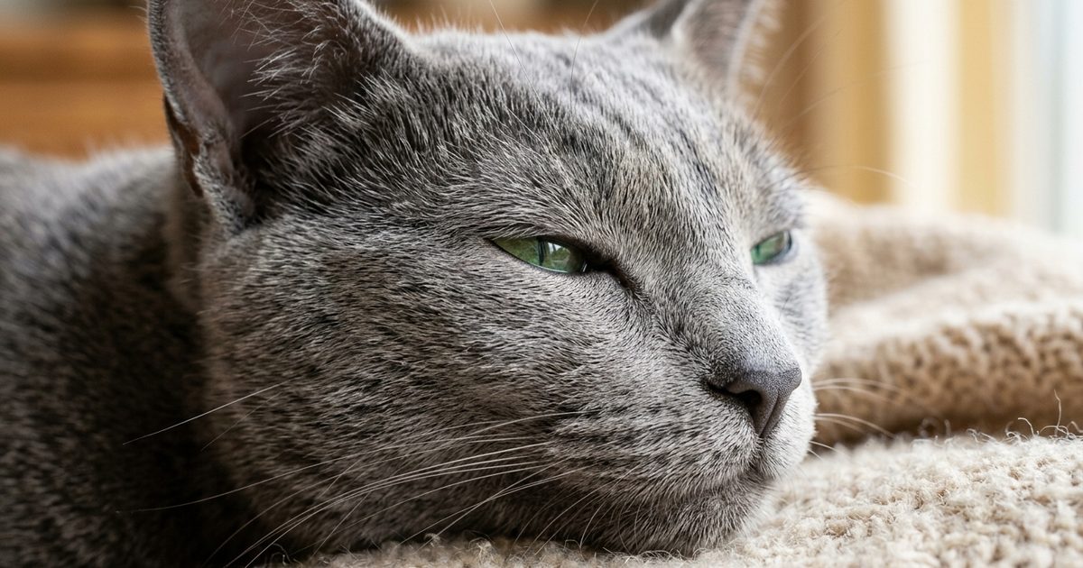 A serene Russian Blue cat with dense silvery-blue fur and vivid green eyes gazing calmly with half-closed relaxed eyes, trusting and peaceful