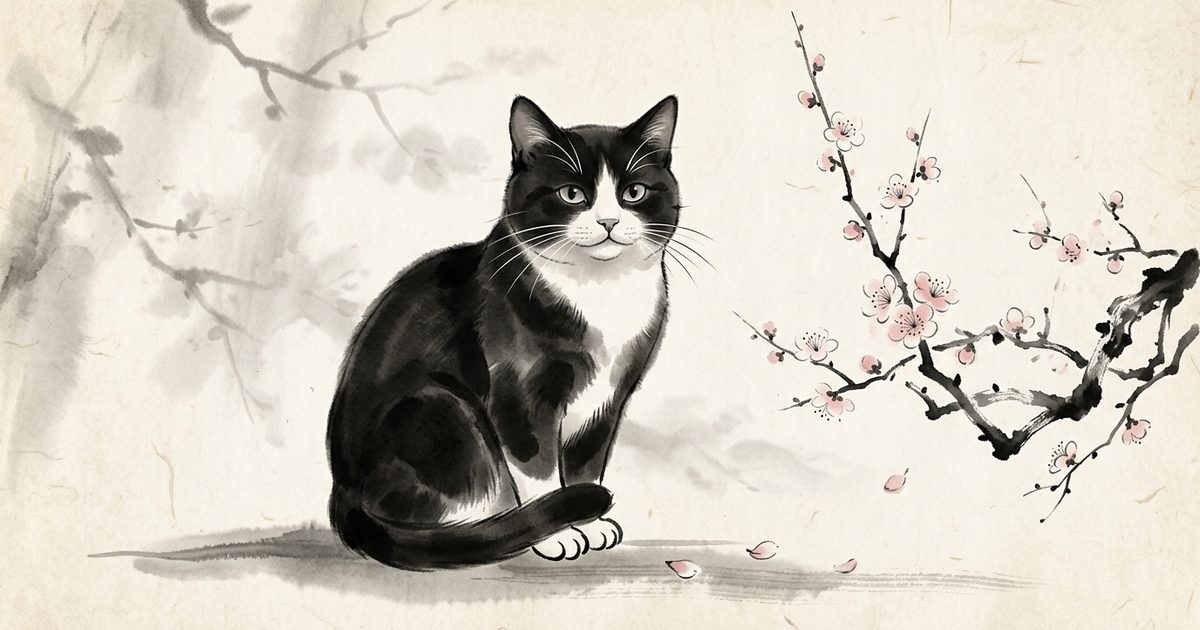 A sumi-e Japanese ink-wash portrait of a dignified tuxedo cat with black coat and white chest sitting serene beside a sprig of plum blossom, wise and peaceful, symbolizing a long contented life