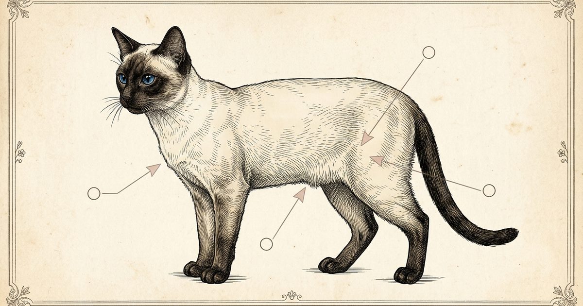 A vintage-style scientific plate illustrating the concept of spaying with annotated reference markers, a Siamese cat with cream body and dark seal-brown points and bright blue almond eyes, encyclopedia botanical-plate engraving style