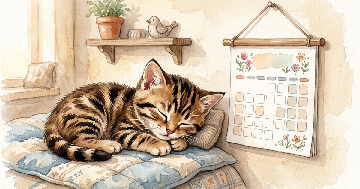 A small warm brown tabby kitten curled peacefully beside a wall calendar, soft watercolor children's-storybook style suggesting the spay-timing decision