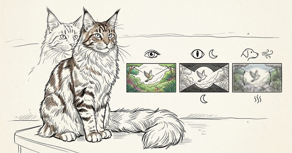 A large Maine Coon cat with long fluffy fur and tufted ears beside a minimalist three-panel line sketch comparing cat vision versus human vision versus dog vision, clean explainer diagram