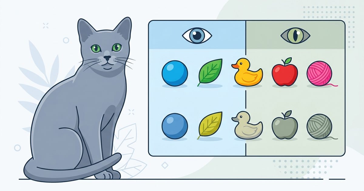 A Russian Blue cat with dense silvery-blue coat and vivid green eyes beside a color comparison of objects as humans see them versus faded as cats see them