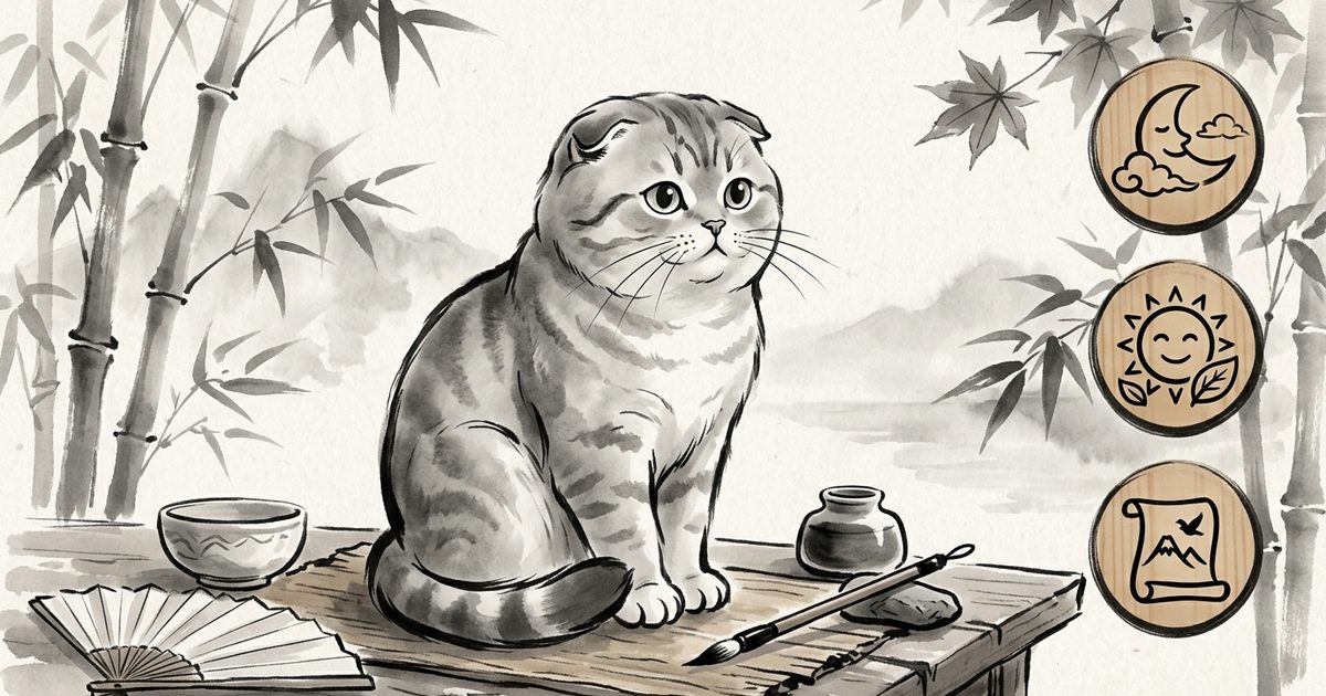 A Scottish Fold cat with distinctive folded-forward ears and a round gray face beside a small myth-versus-fact legend, elegant Japanese sumi-e ink wash with kawaii proportions, serene and wise