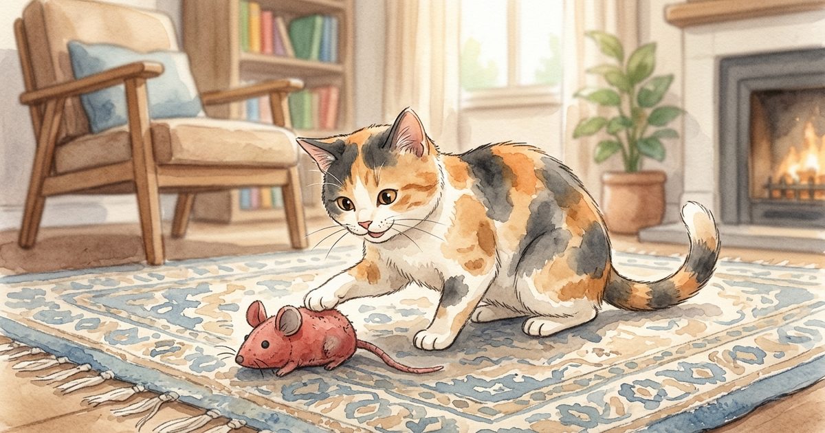 A calico cat with patches of orange, black and white fur gently batting a faded muted-red mouse toy on a soft cream rug, warm storybook watercolor scene