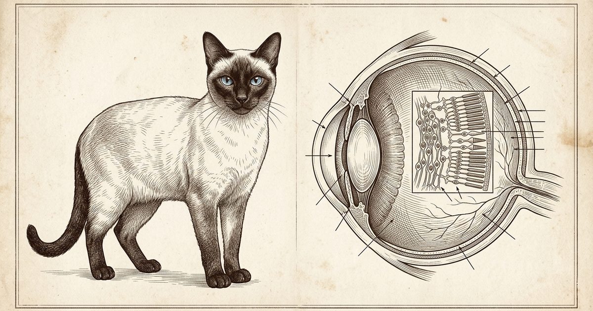 A Siamese cat with a cream body and dark seal-brown points beside an annotated vintage engraving cross-section of a cat eye showing cone and rod cells in the retina, science-authoritative