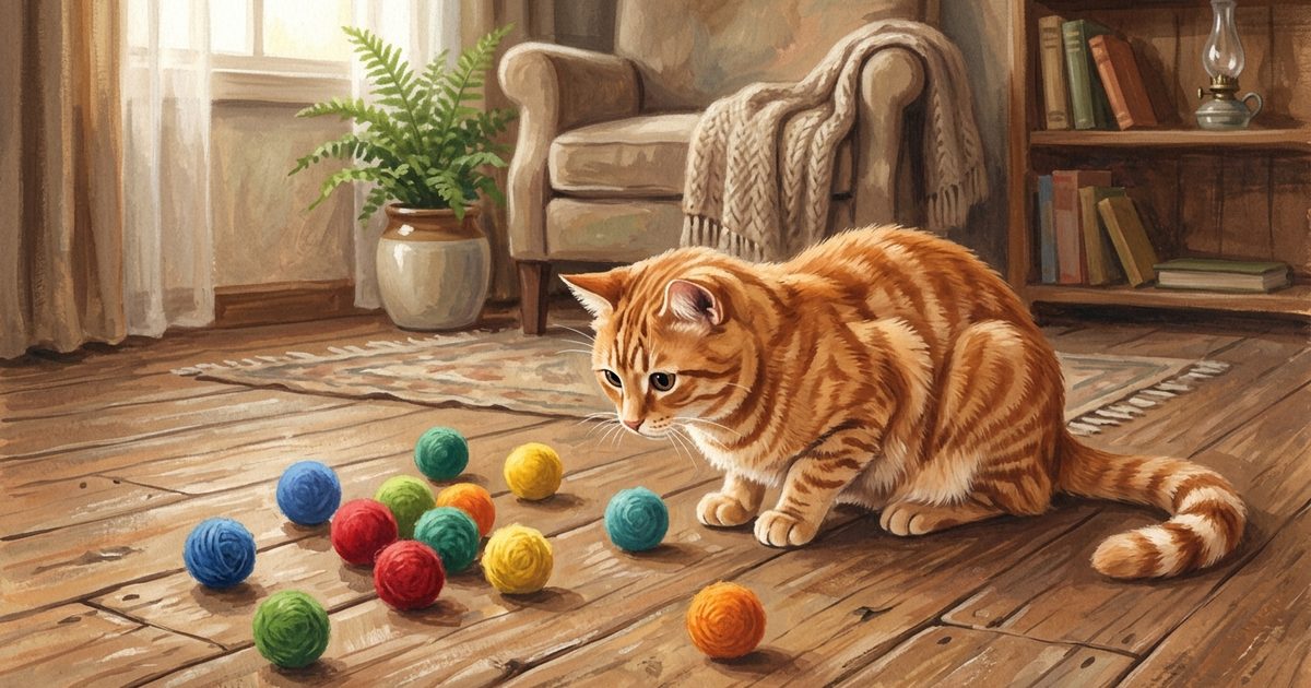 A ginger orange tabby cat with classic mackerel stripes gazing curiously at a scatter of brightly colored balls on a warm wooden floor, playful and engaged