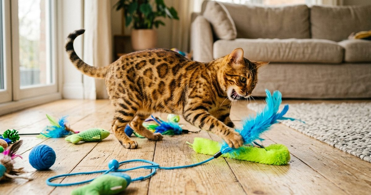 A Bengal cat with wild spotted golden-brown coat energetically playing with vivid blue and bright green toys on a neutral floor, delighted, animated, and fully engaged in the chase