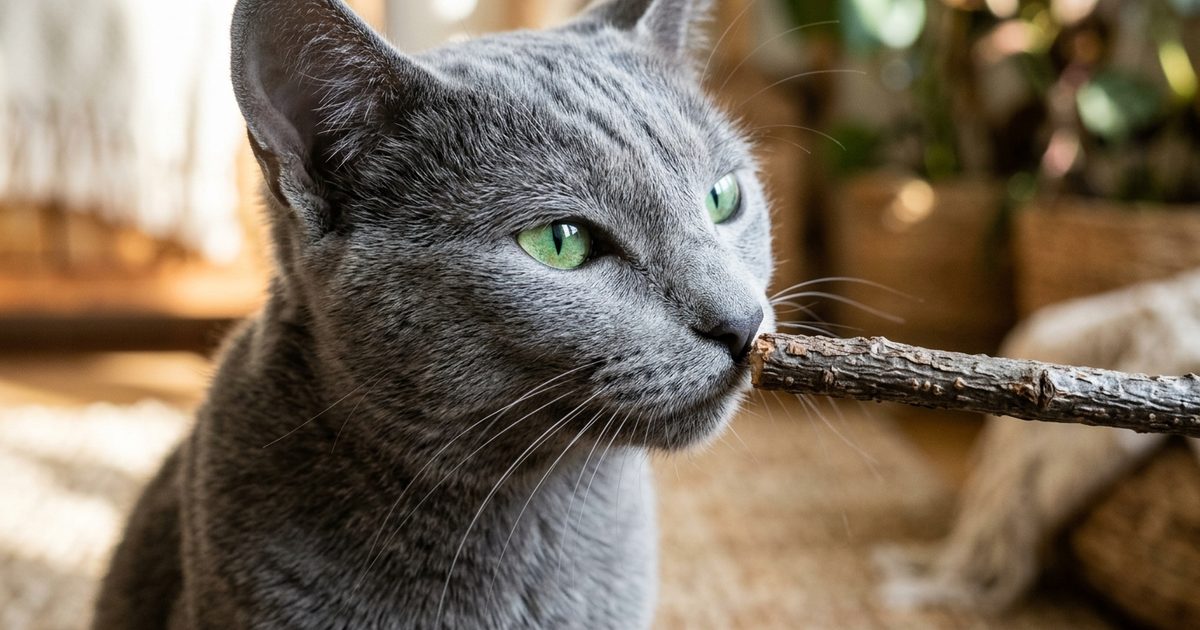 A Russian Blue cat with silvery-blue fur sniffing a silver vine stick, macro close-up