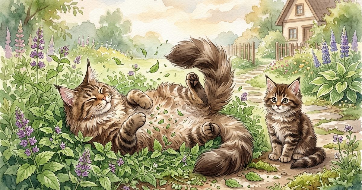 A Maine Coon cat rolling in catnip while a kitten beside it sits indifferent