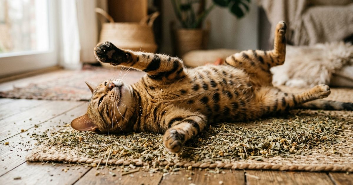 A spotted Bengal cat rolling on a mat of dried catnip leaves