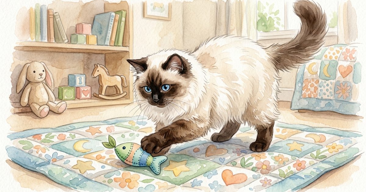 A Ragdoll cat batting playfully at a catnip-stuffed refillable toy on a play mat