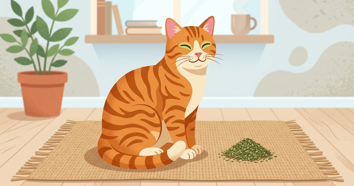 An orange tabby cat sitting calmly beside a small pinch of dried catnip on a mat