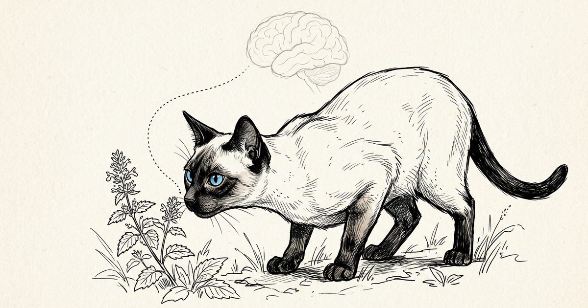 A Siamese cat sniffing a sprig of catnip, with a dotted line tracing from its nose to a faint outlined brain shape