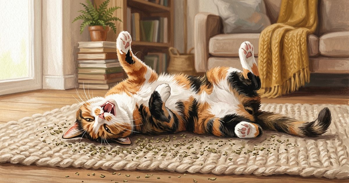 A calico cat mid-roll on a soft mat dusted with catnip, paws in the air