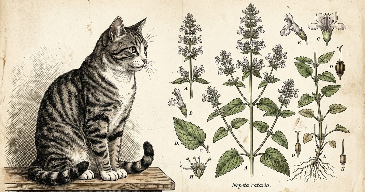A gray tabby cat sniffing a vintage botanical engraving of a Nepeta cataria plant