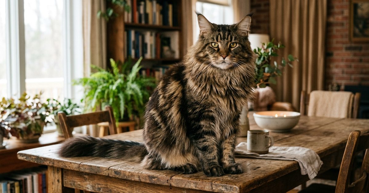 A large fluffy Maine Coon cat perched on a wooden table, its long body, broad chest, and tufted paws showing the extended growth typical of giant cat breeds.