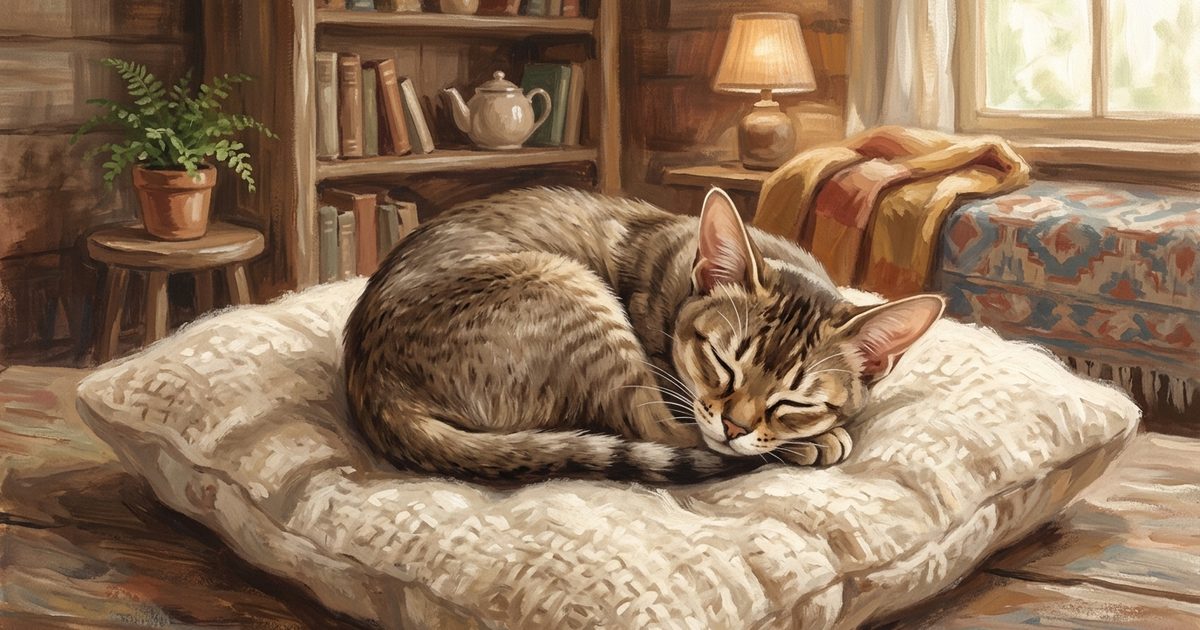 An illustrated Singapura cat curled into a compact ball on a soft cushion, already fully grown despite being one of the smallest domestic cat breeds.