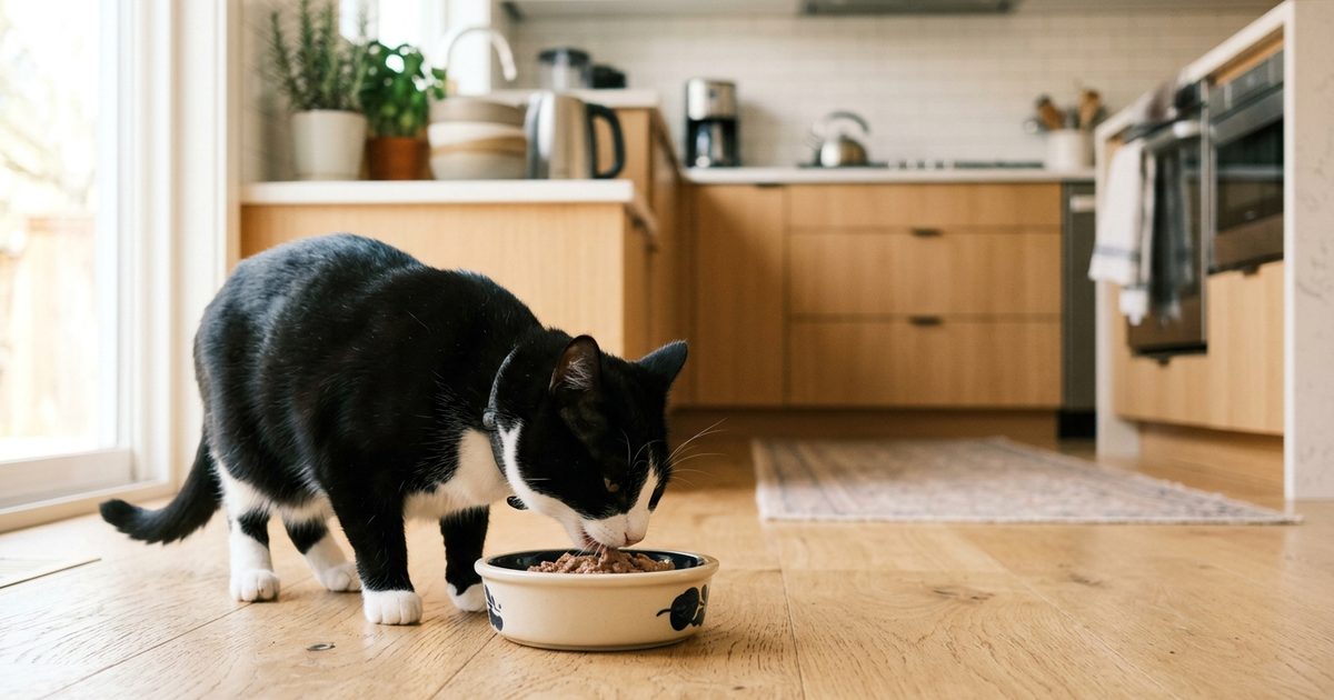 A cat eating from a ceramic food bowl in a bright kitchen, marking the switch from kitten to adult food
