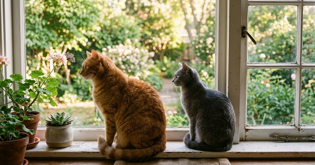 A large orange tabby male cat sitting beside a smaller gray female cat on a sunny windowsill, showing the typical size difference between the sexes