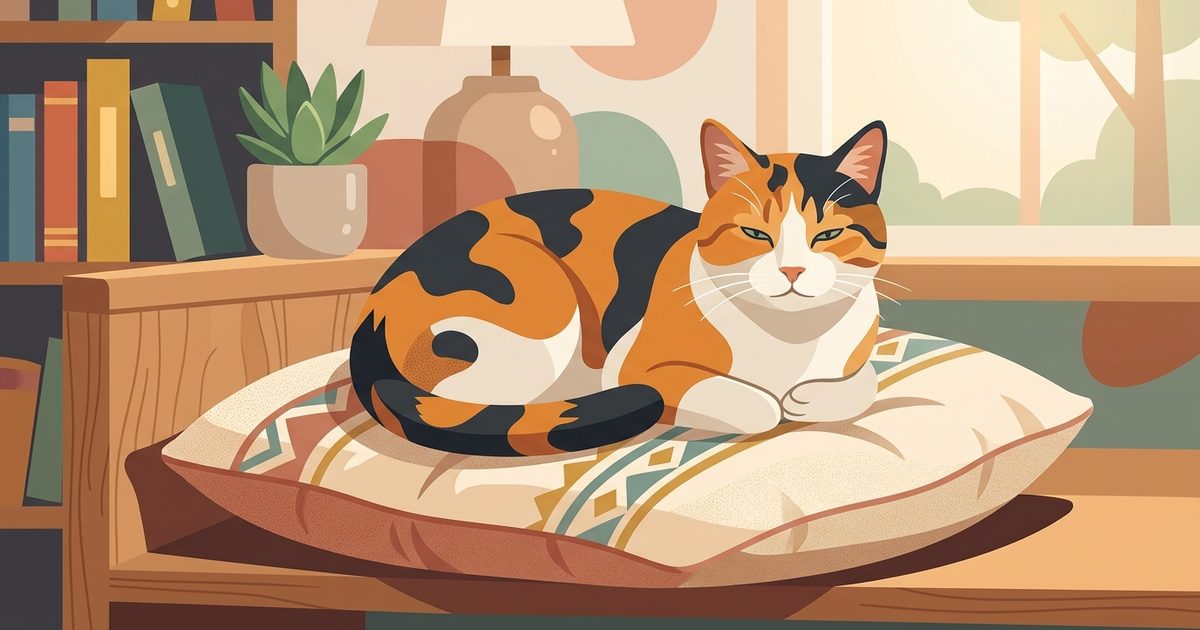 A calm calico cat resting peacefully on a cushion, relaxed body language and settled adult proportions