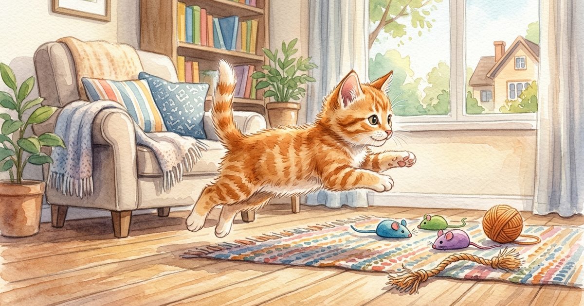 An orange tabby kitten mid-play, leaping energetically across a living room floor during its fastest growth phase