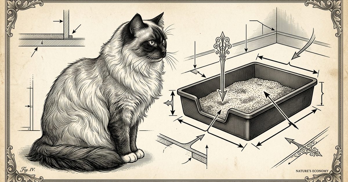 A Ragdoll cat with silky cream coat and brown colorpoint face, ears, and paws, beside an engraved diagram of a litter box setup with callouts on litter depth and box size, vintage crosshatch engraving