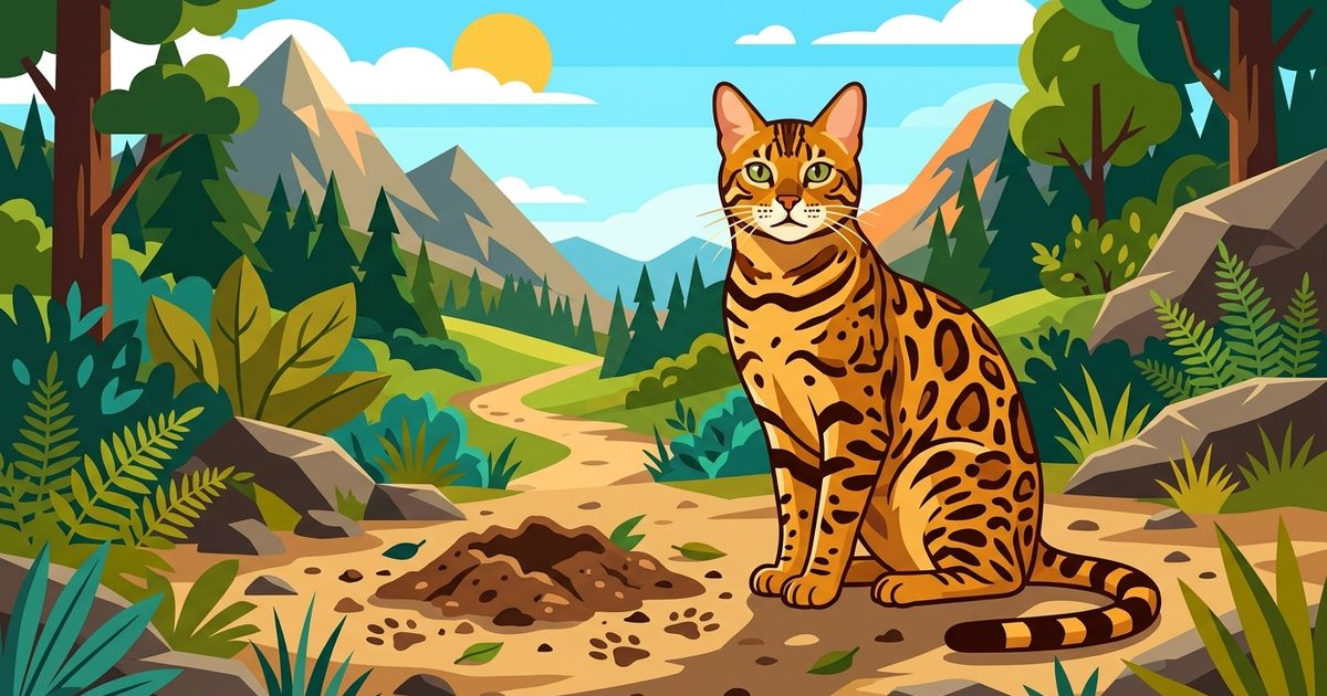A Bengal cat with a spotted and rosetted golden-brown coat like a small leopard, sitting upright beside an uncovered mound on a sunlit trail, chest puffed, bold flat vector illustration