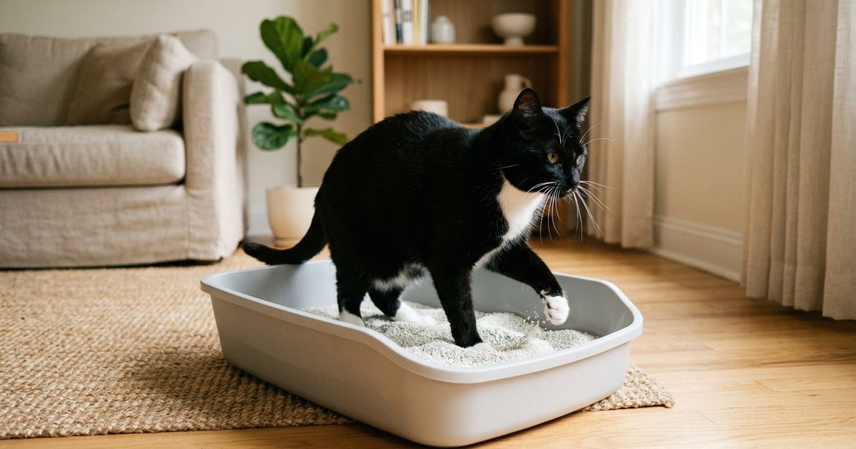 A tuxedo cat with a black coat and white chest, paws and whiskers, standing inside a clean open litter box, one front paw raised mid-scrape over fresh litter, calm and focused