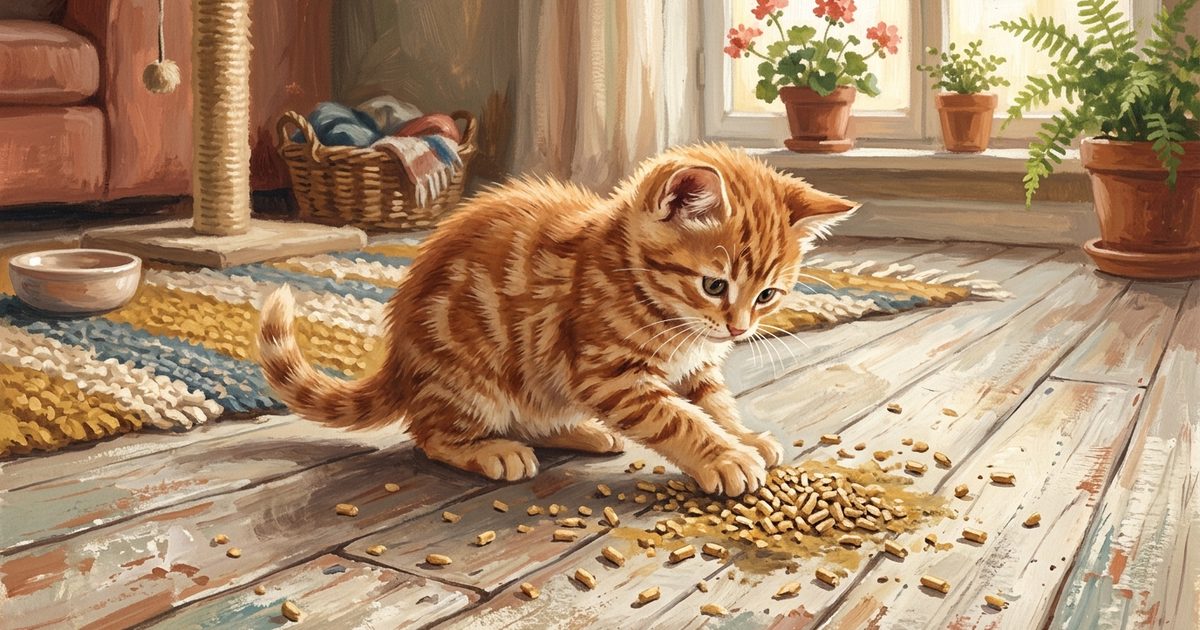 A small ginger orange tabby kitten with classic mackerel stripes pawing litter over a spot, curious and determined, warm textured gouache painting