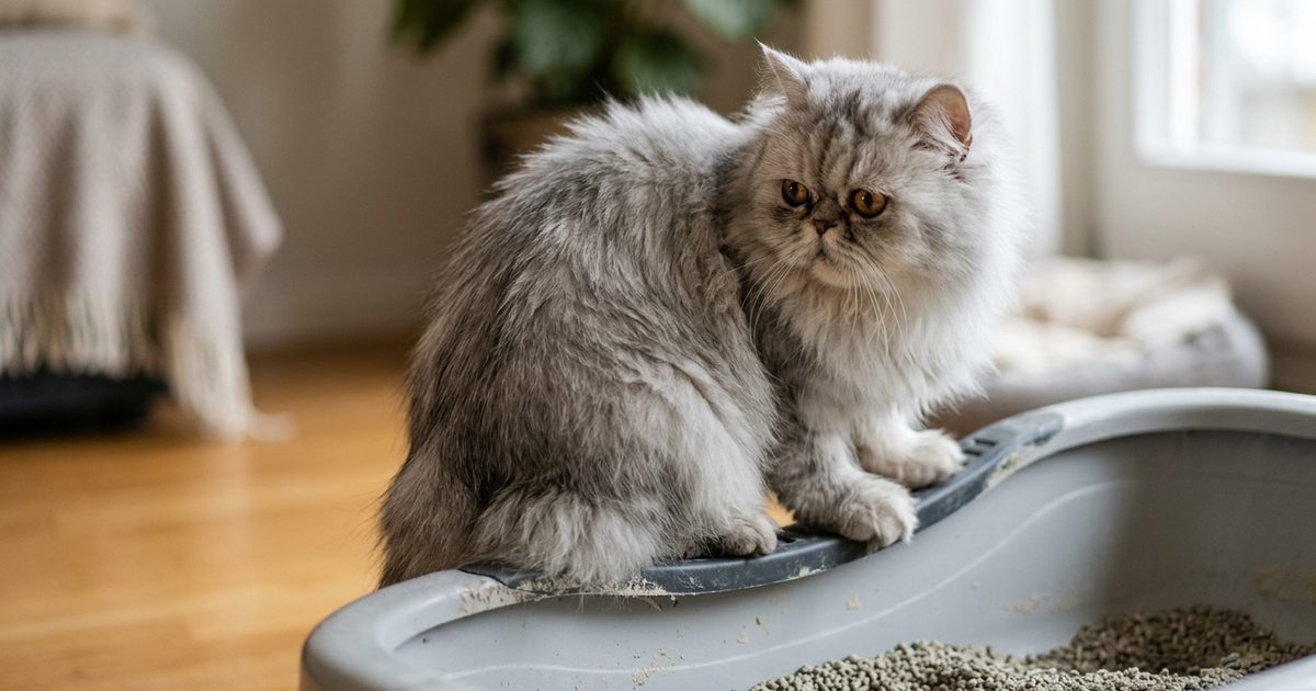 A Persian cat with long silver fur and a flat round face sits at the edge of an open litter box, half-turned away without scraping, eyes showing mild reluctance, macro close-up photograph