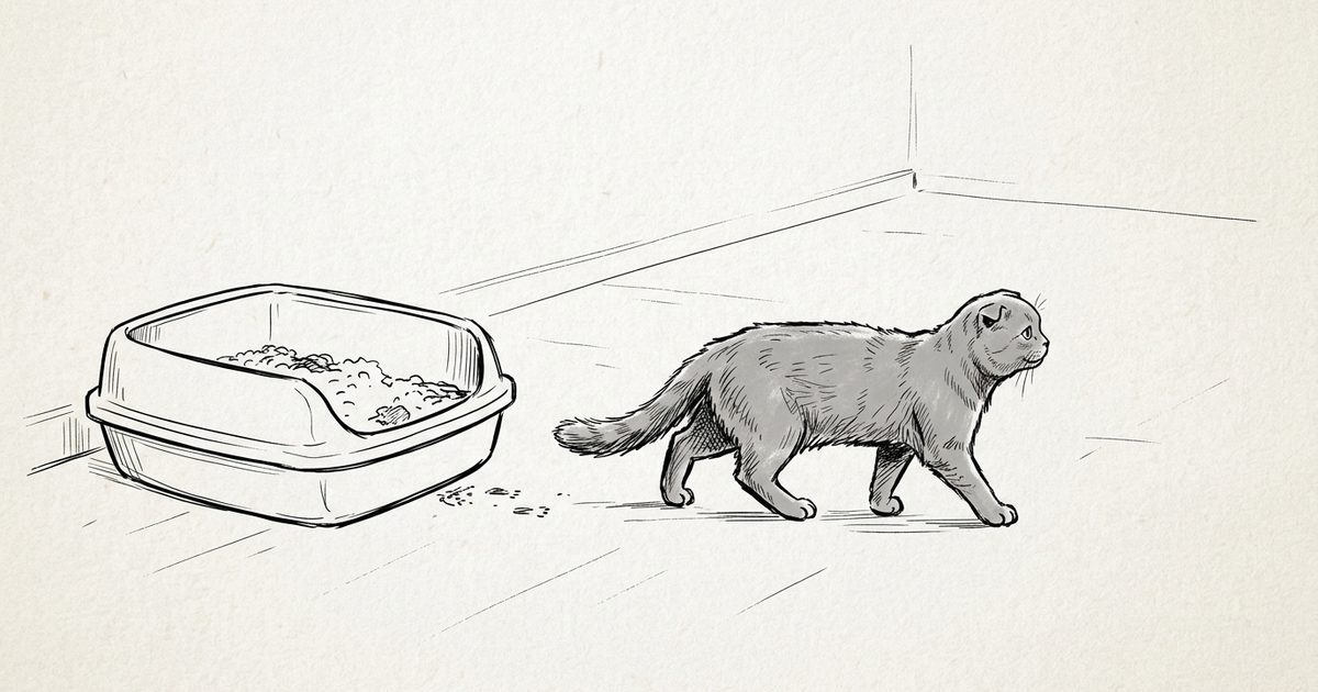 A Scottish Fold cat with distinctive folded-forward ears and a round gray coat, minimalist ink line-sketch walking away from a litter box without turning back to scrape, sparse clean background