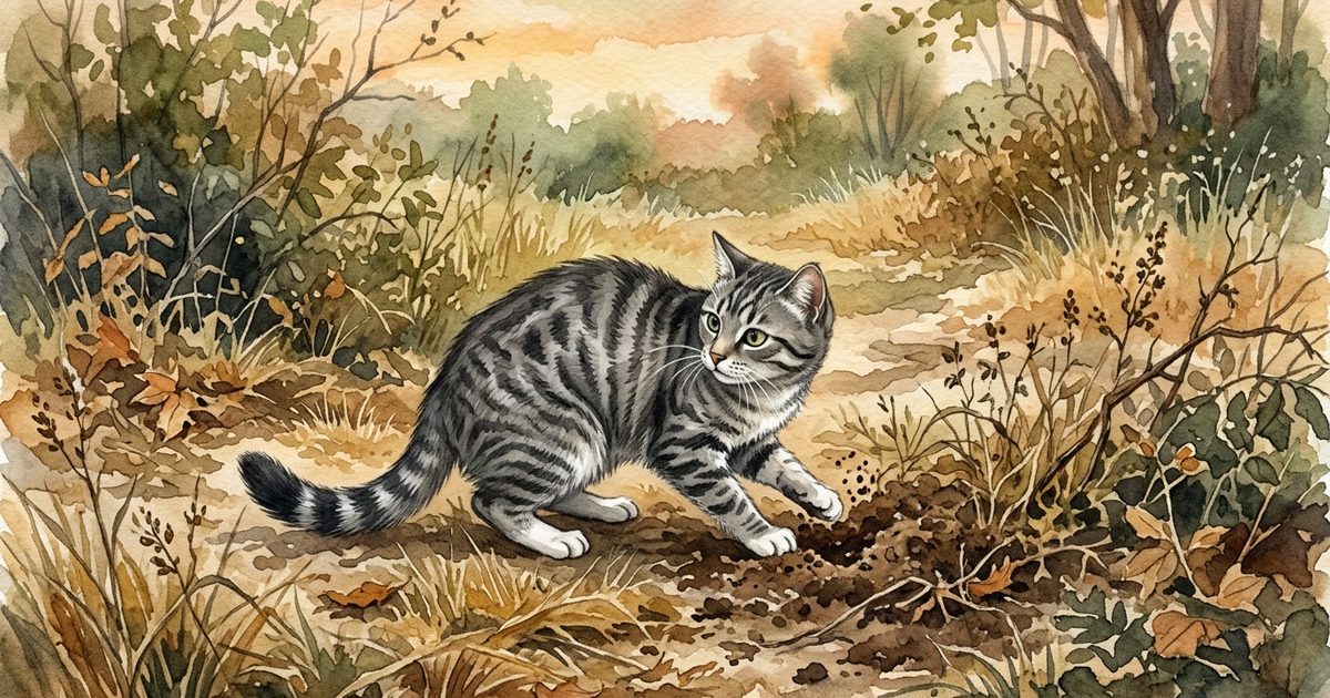 A gray tabby cat with dark charcoal stripes and white paws crouched low in earth and dry grass, scraping soil over a spot with one paw, alert and wary, hand-painted watercolor