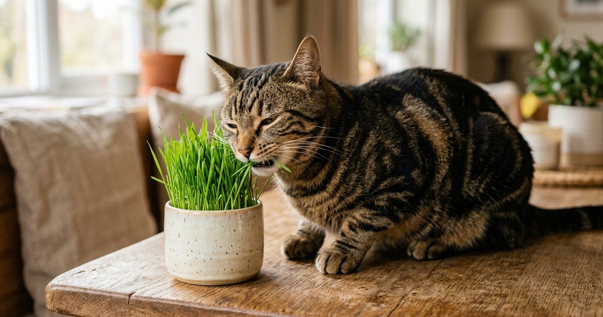 A brown tabby cat with bold black stripes contentedly nibbling bright green cat grass from a small ceramic pot on a sunny windowsill