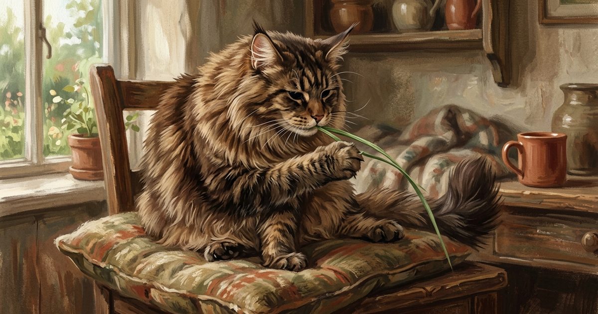 A large Maine Coon cat with fluffy brown tabby fur calmly chewing a single blade of green grass held in its paw, peaceful in a cozy domestic setting