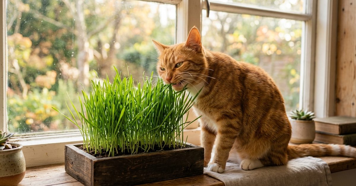 An orange tabby cat with classic mackerel stripes happily nibbling fresh tall green cat grass growing from a small tray on a sunny windowsill, content and engaged