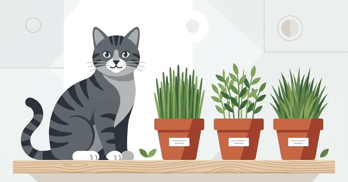 Flat modern vector infographic of three labeled safe cat grass types — wheatgrass, oat, and barley — growing in terracotta pots beside a gray tabby, clean editorial layout