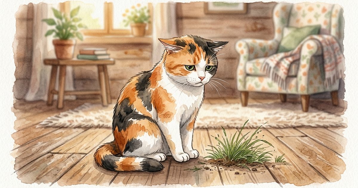A soft watercolor illustration of a calico cat looking mildly displeased beside a small tuft of grass, showing that not every cat vomits after nibbling