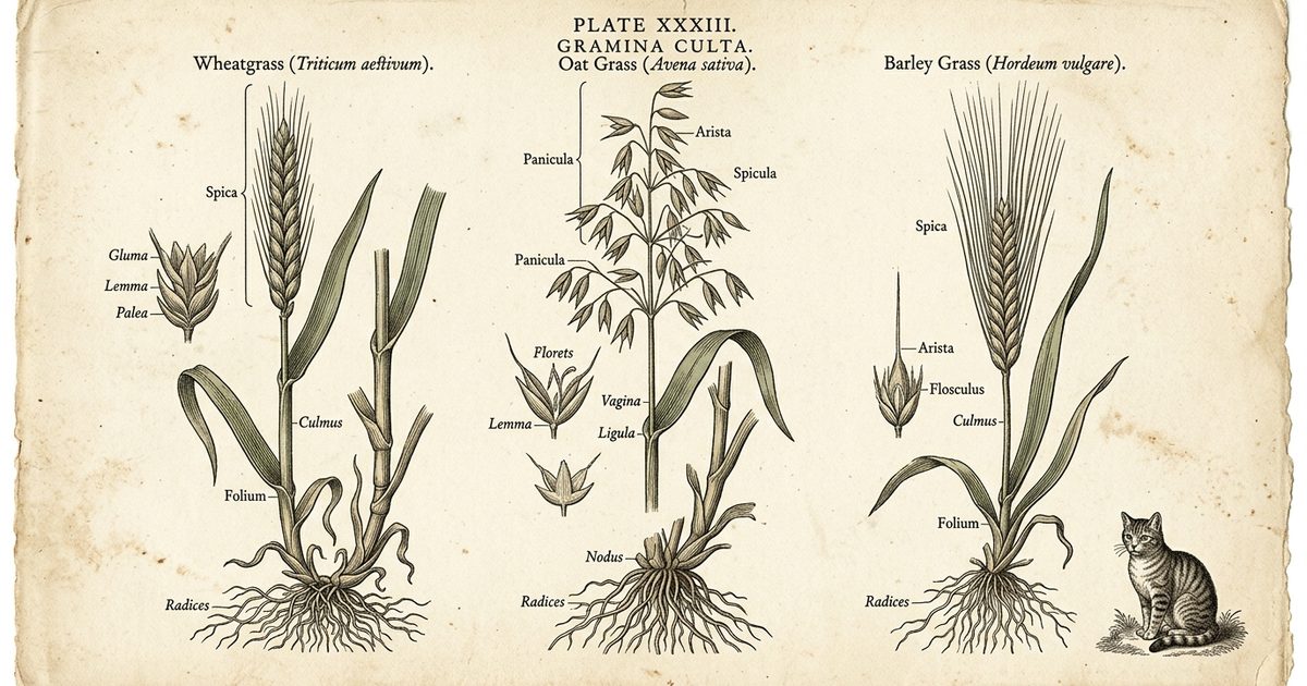 Vintage encyclopedia botanical-plate engraving of three safe cat grass species — wheatgrass, oat, and barley — with annotated root, stem, and seed-head labels, science-authoritative