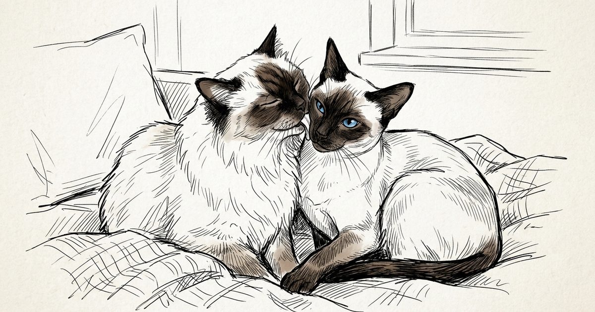 An ink line-art sketch of two bonded cats grooming each other's heads — a cream Ragdoll and a seal-point Siamese with bright blue eyes — minimalist tender line work, affiliative mood