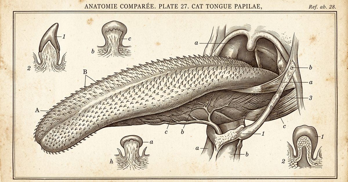 A vintage botanical-plate engraving showing the anatomical detail of a cat's extended tongue with backward-facing keratin papillae spines, fine cross-hatched sepia ink on aged paper, science-authoritative