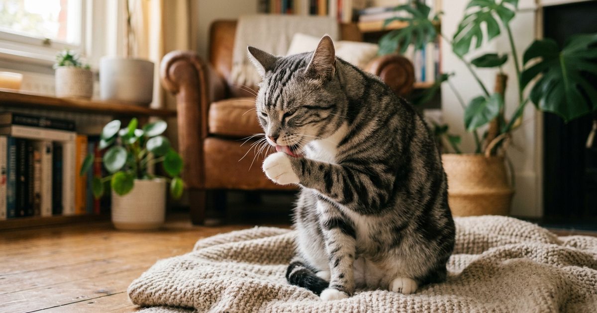 A gray tabby cat with dark charcoal stripes on a silver-gray coat and white paws, mid-groom, licking its raised front paw, eyes half-closed in focused contentment