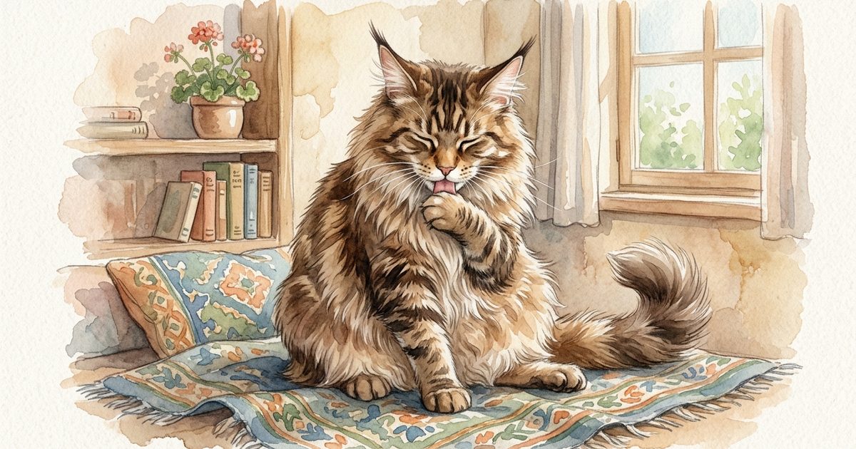 A large Maine Coon cat with long fluffy brown tabby fur and tufted ears grooming its chest, soft watercolor storybook tones, serene routine mood