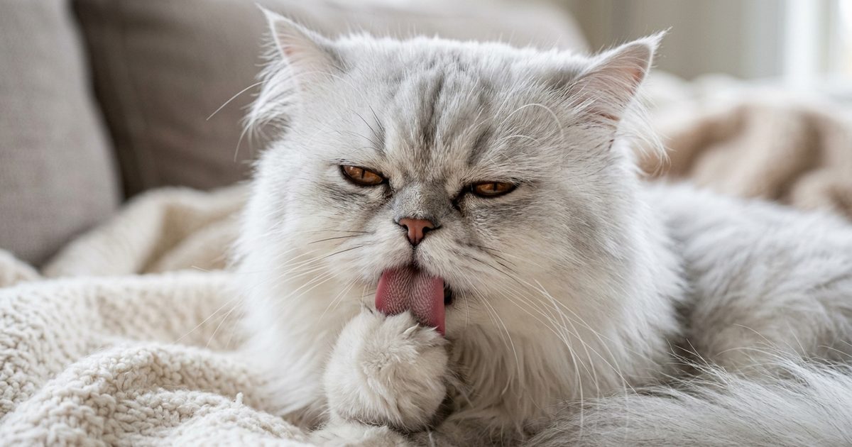 Close-up macro photograph of a Persian cat with silver-white long fur and a flat round face, mid-groom with eyes comfortably half-closed in the quiet bliss of self-care, relaxed and content
