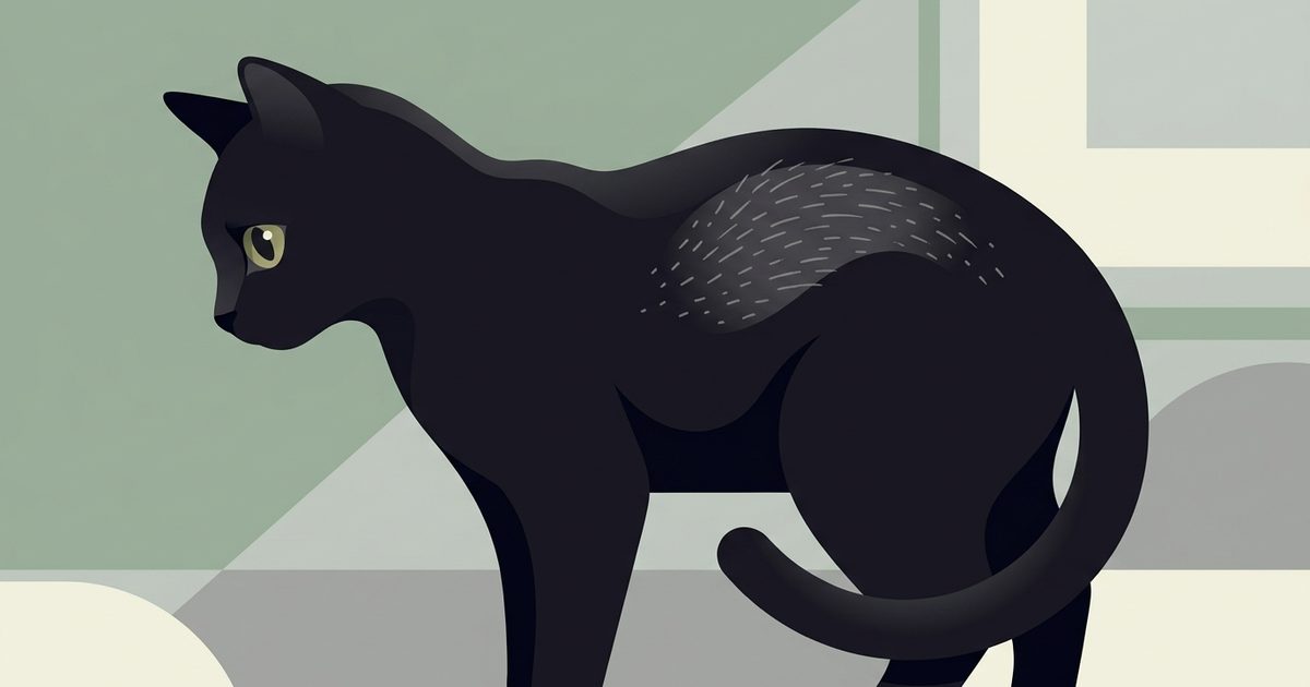 A flat modern vector illustration of a sleek solid black cat with large golden-green eyes shown in profile with a stylized thinning-fur patch on its flank indicating overgrooming, calm but quietly concerned editorial mood
