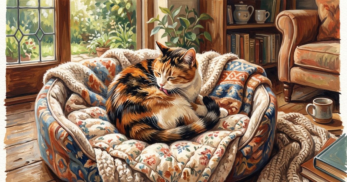 A calico cat with distinct orange, black, and white patches grooming its flank while curled in a soft bed, warm painterly domestic scene, peaceful and absorbed