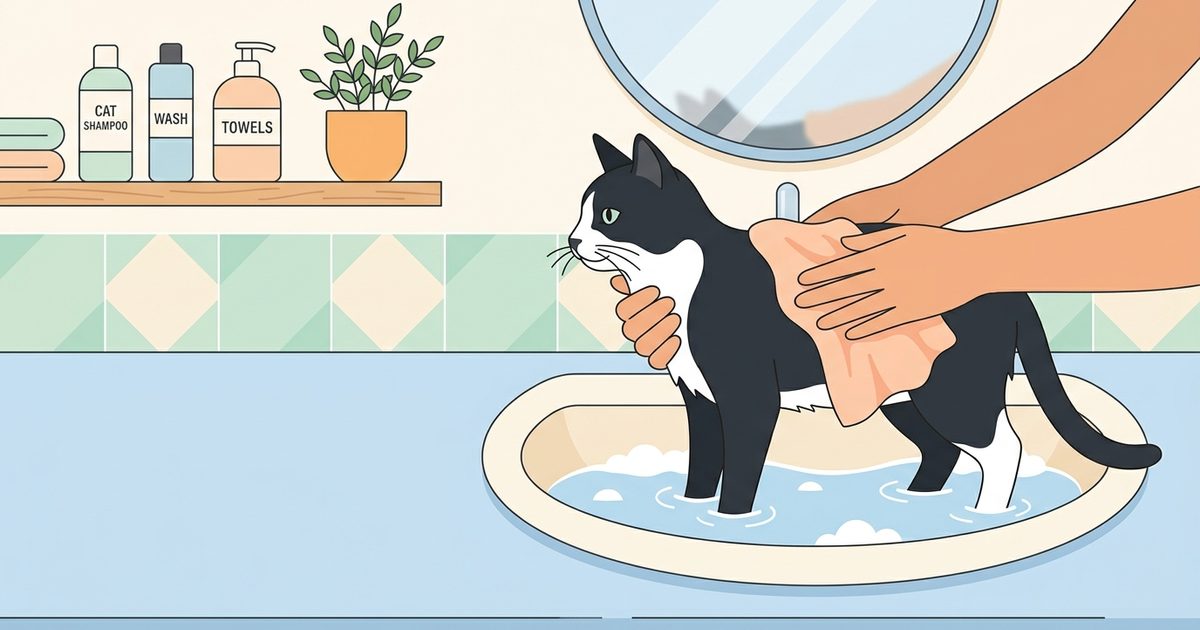A tuxedo cat with a black coat, white chest and white paws being gently bathed in a shallow sink by calm human hands, non-slip mat visible, minimal stress posture, warm pastel flat vector instructional illustration