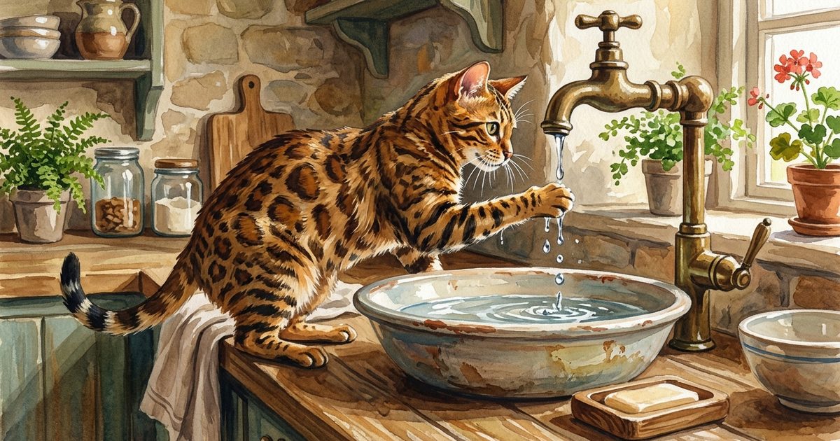 A Bengal cat with a wild-looking spotted golden-brown rosetted coat playfully batting at water dripping from a faucet into a shallow basin, body animated and engaged, textured painterly gouache warmth, joyful mood