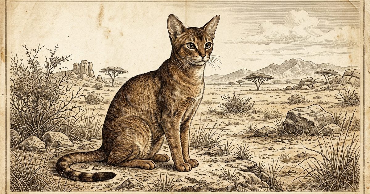 An Abyssinian cat with a warm reddish-ticked coat and large alert ears sitting calmly on a dry arid savanna backdrop of sparse grasses and scattered rocks, vintage natural-history engraving in sepia tones